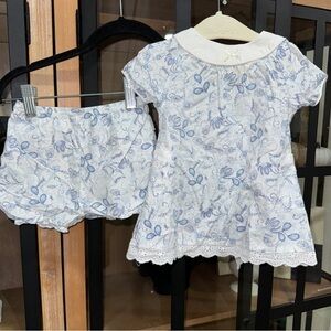 Lullaby Club diaper set baby girl toile print floral bows ruffles eyelet dress